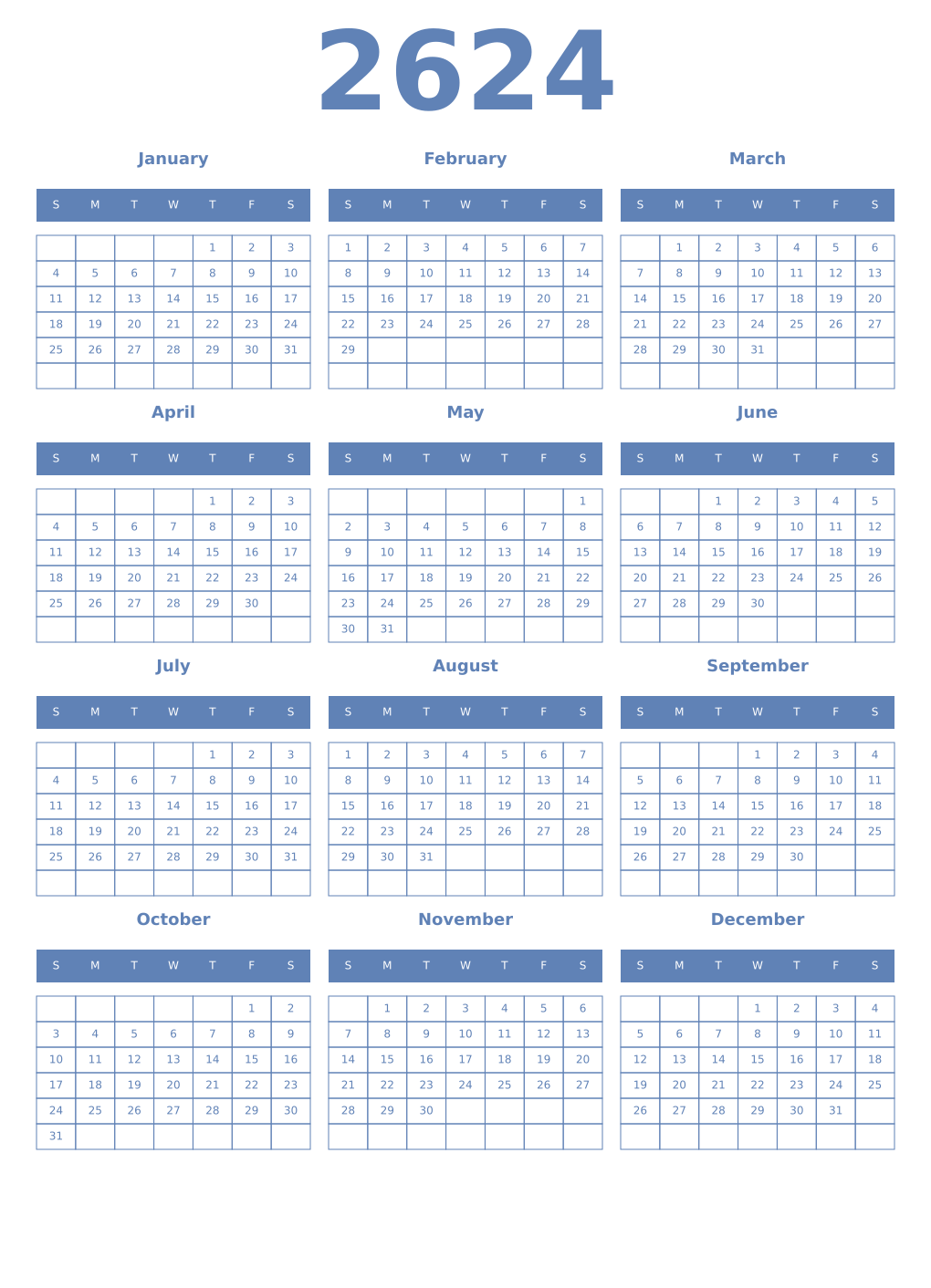 Printable 2624 Year Calendars glaucous