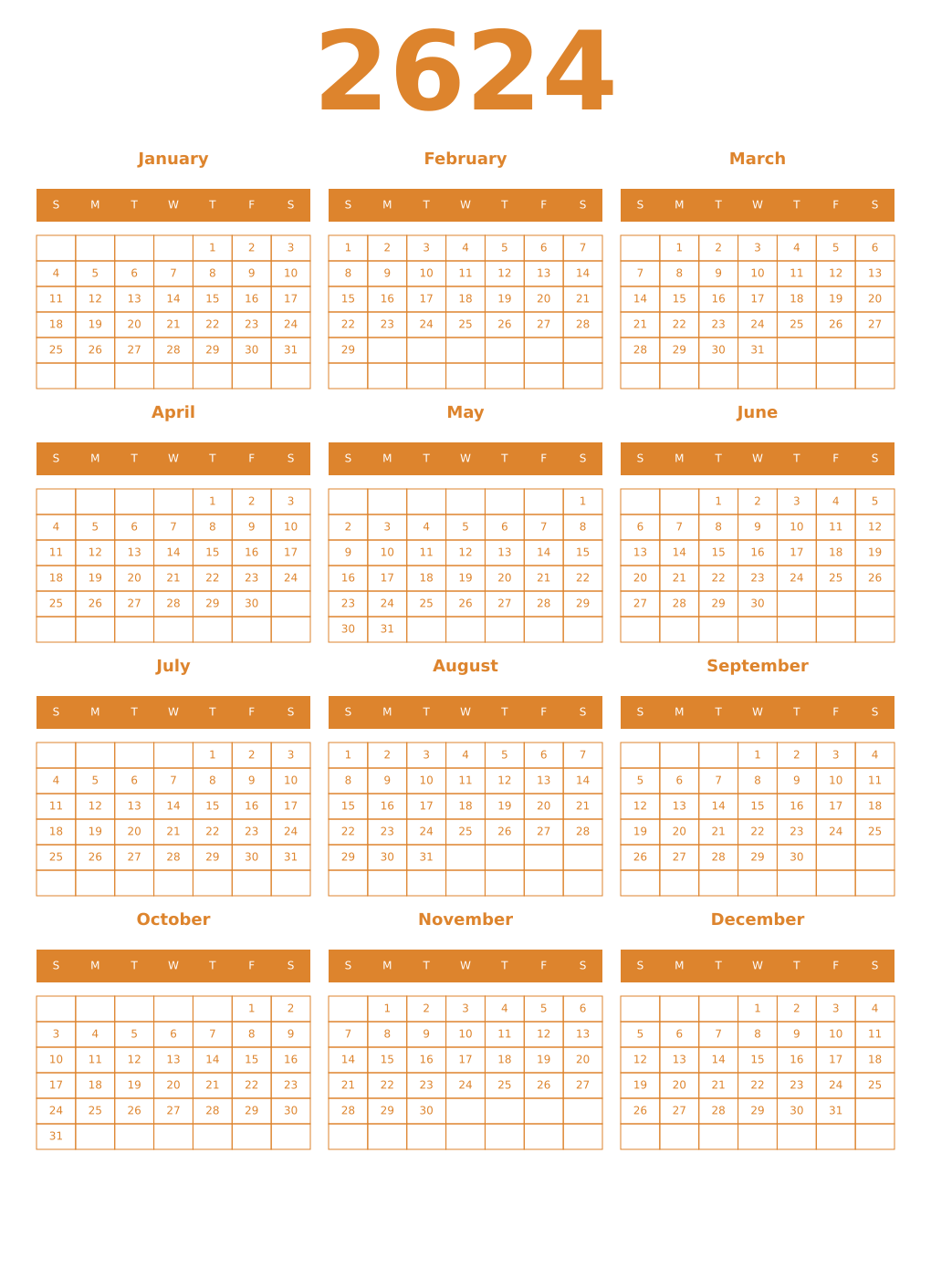 Printable 2624 Year Calendars orange