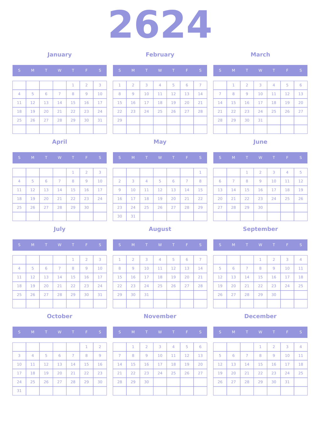 Printable 2624 Year Calendars periwinkle