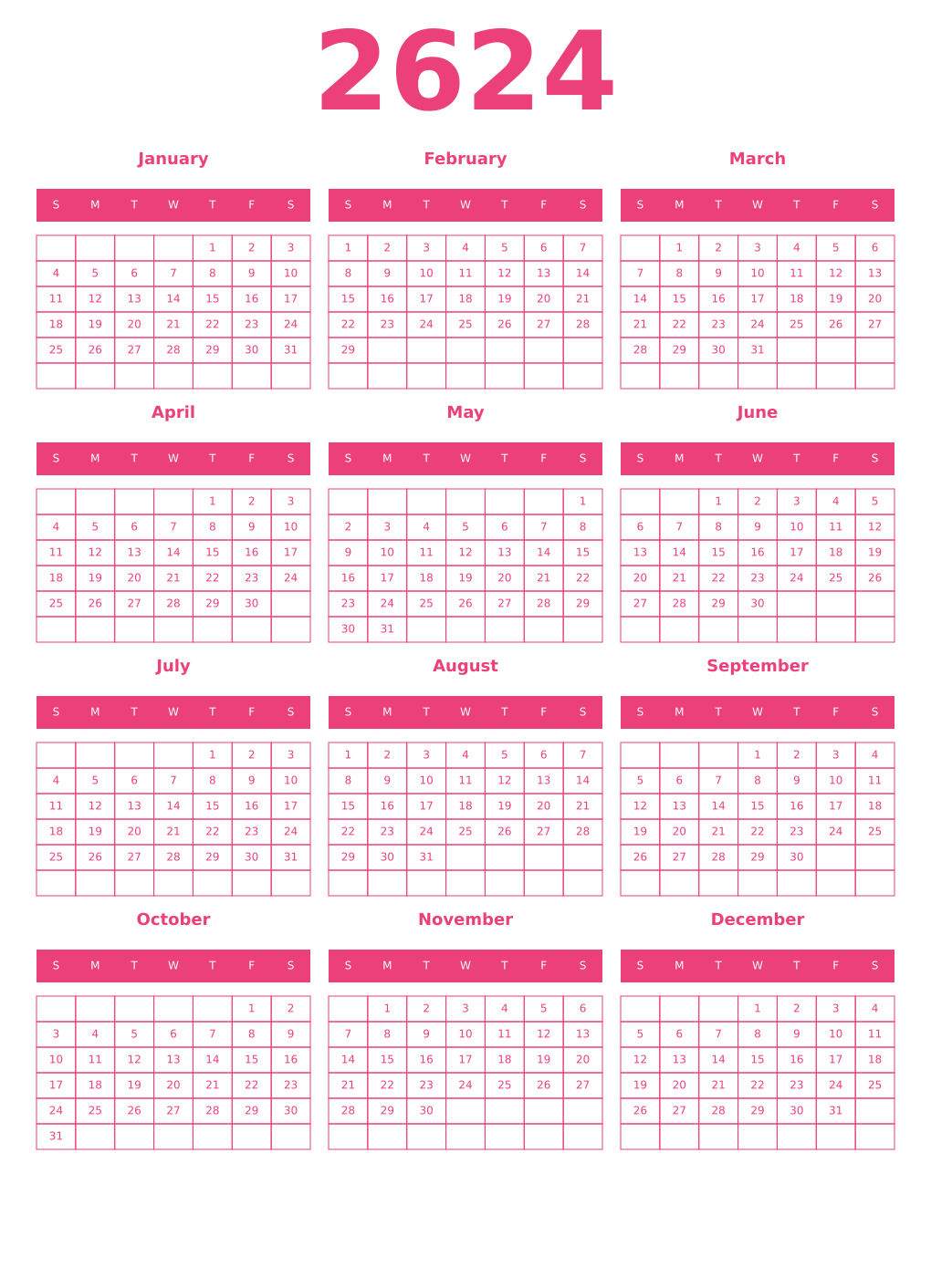 Printable 2624 Year Calendars pink