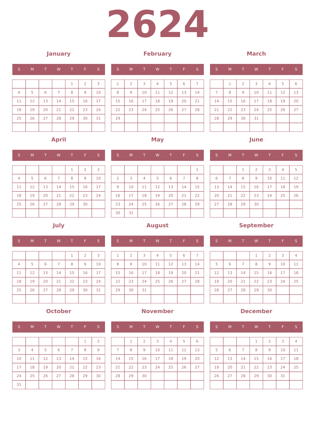 Printable 2624 Year Calendars puce