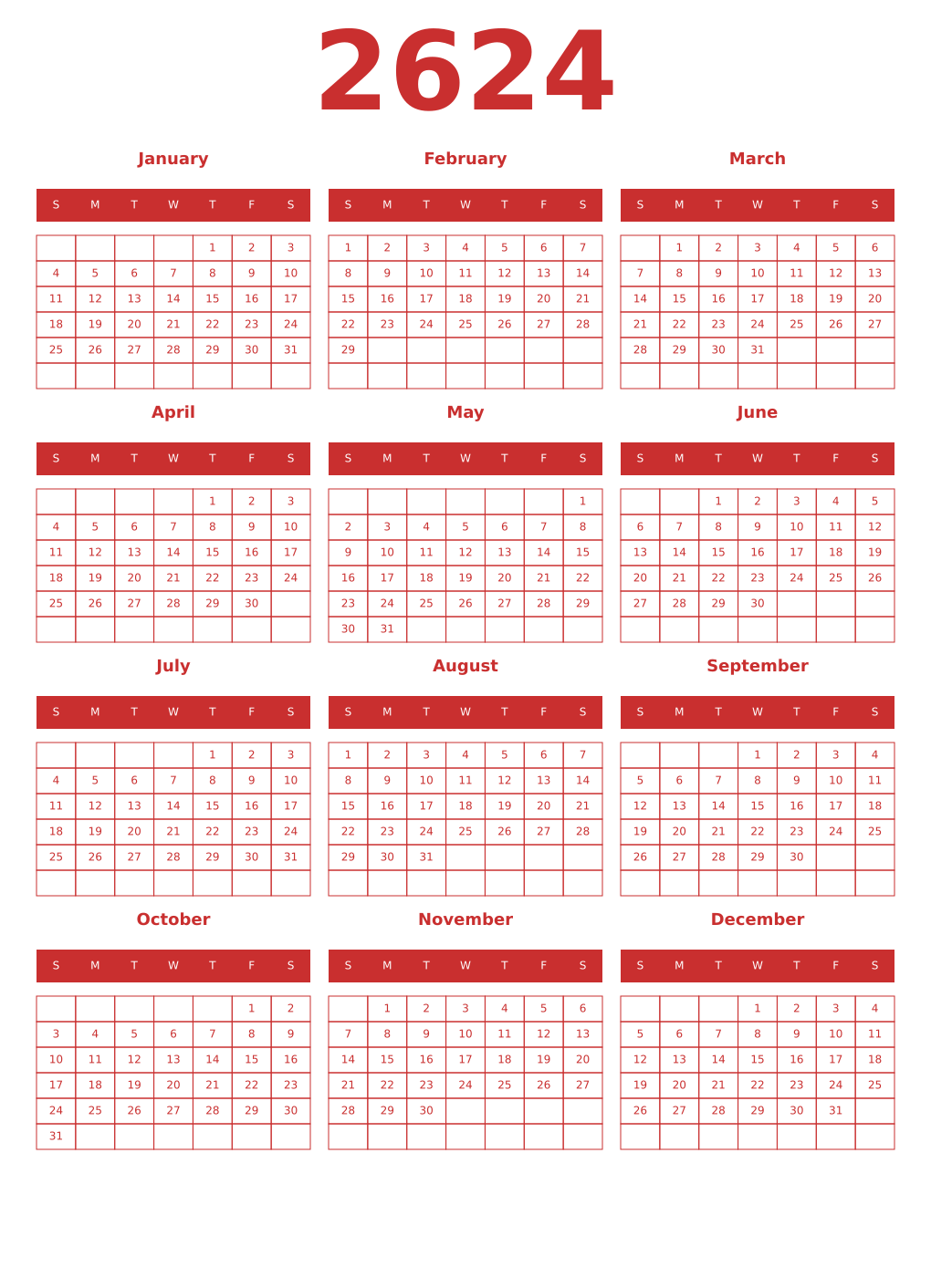 Printable 2624 Year Calendars red