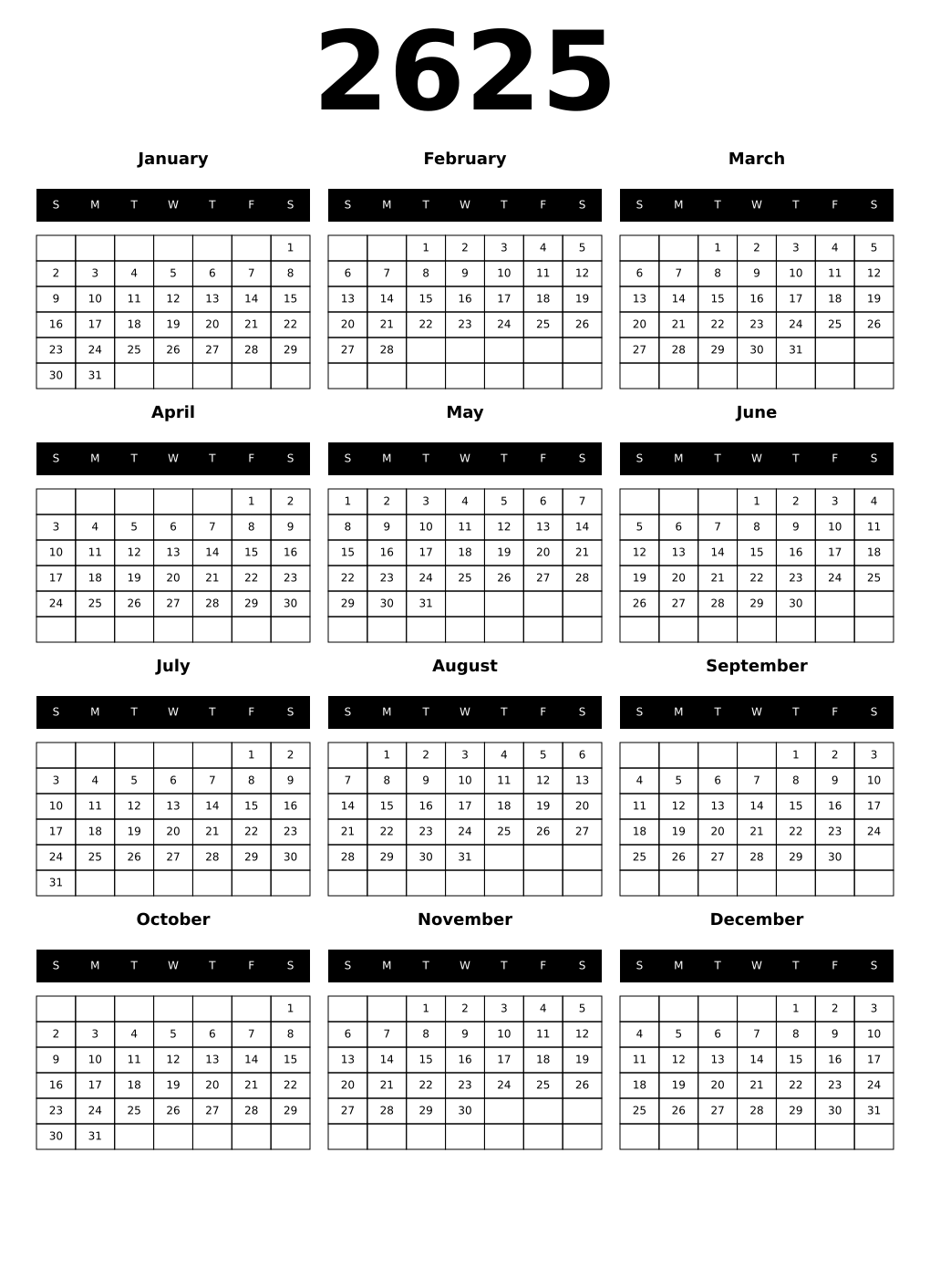 Printable 2625 Year Calendars black