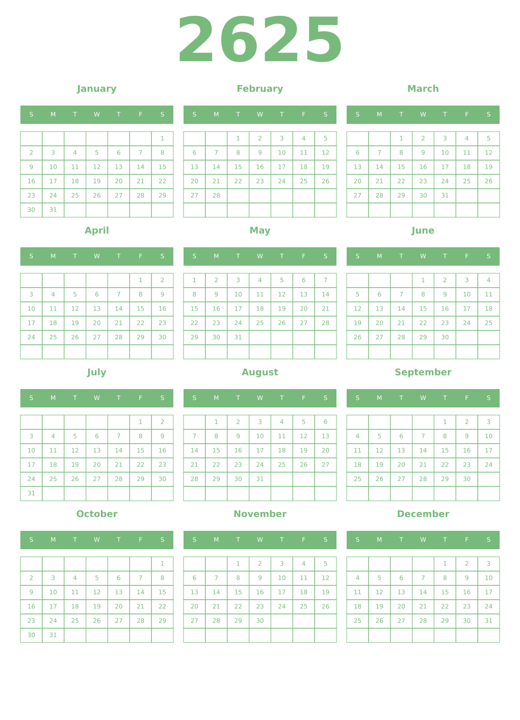 Printable 2625 Year Calendars celadon