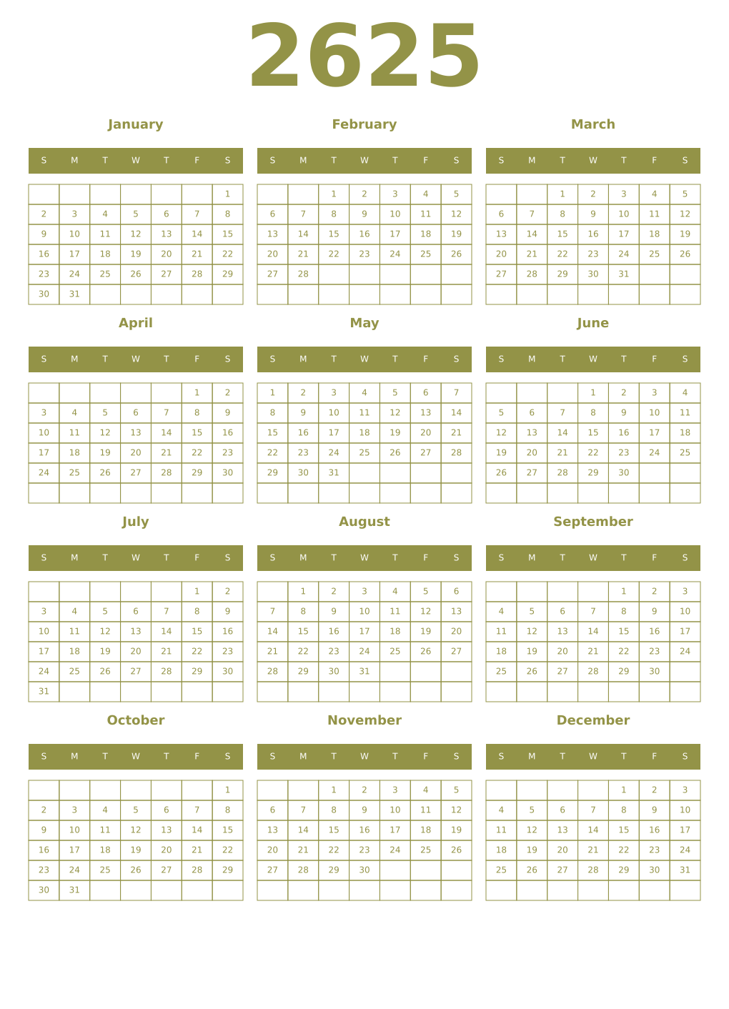 Printable 2625 Year Calendars eburnean