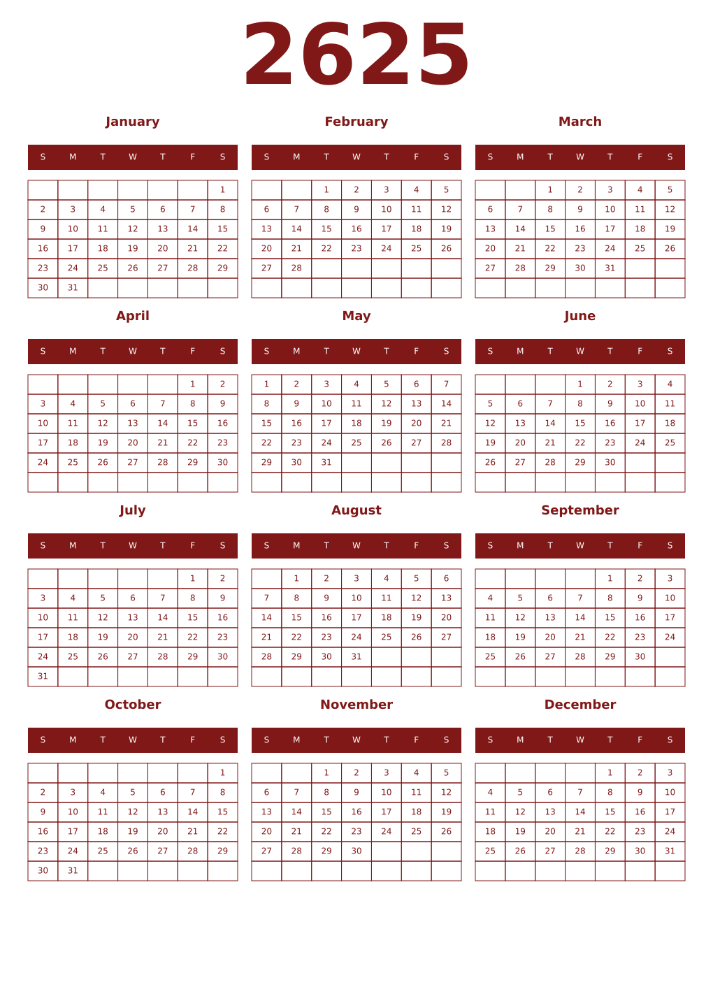 Printable 2625 Year Calendars falu