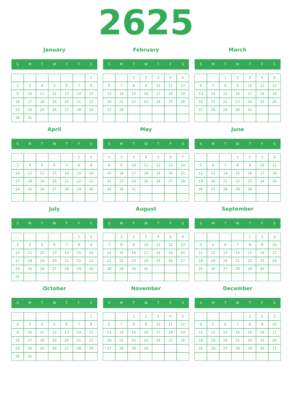 Printable 2625 Year Calendars green