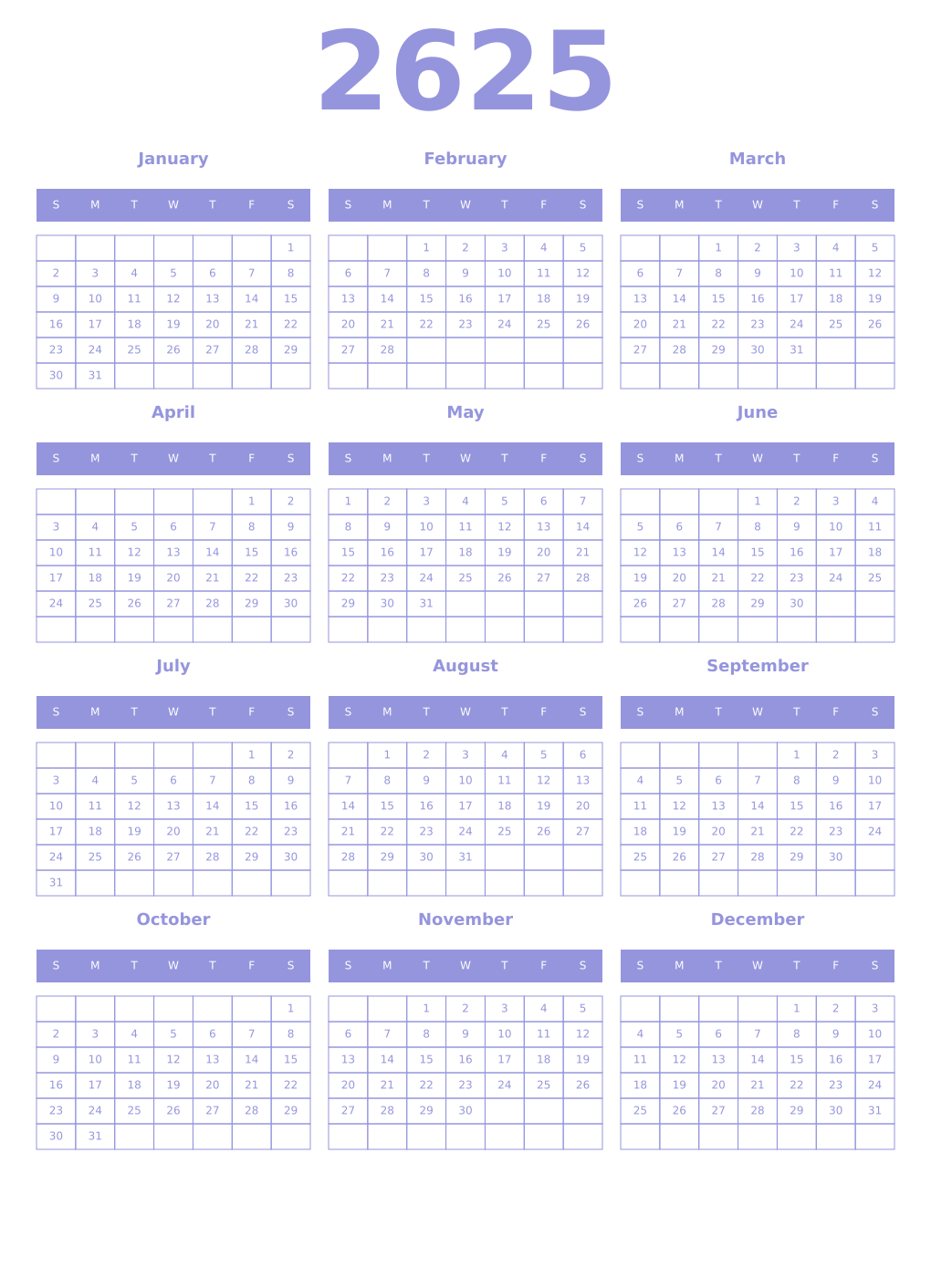 Printable 2625 Year Calendars periwinkle
