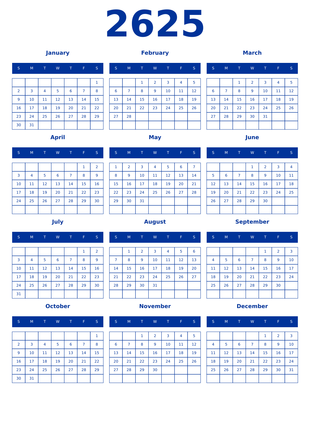 Printable 2625 Year Calendars smalt