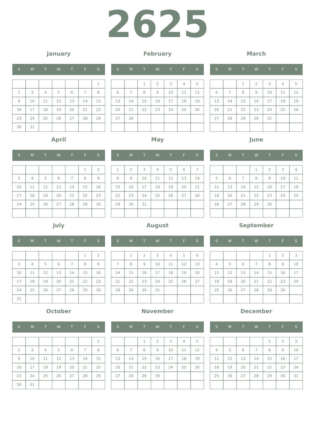 Printable 2625 Year Calendars xanadu