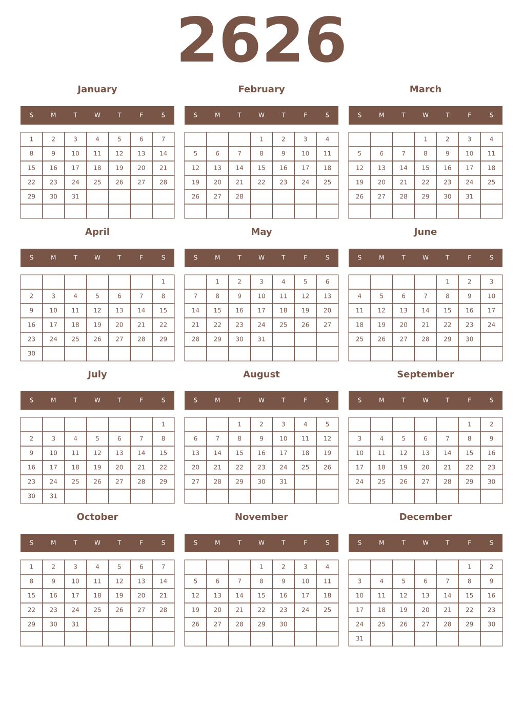 Printable 2626 Year Calendars coffe