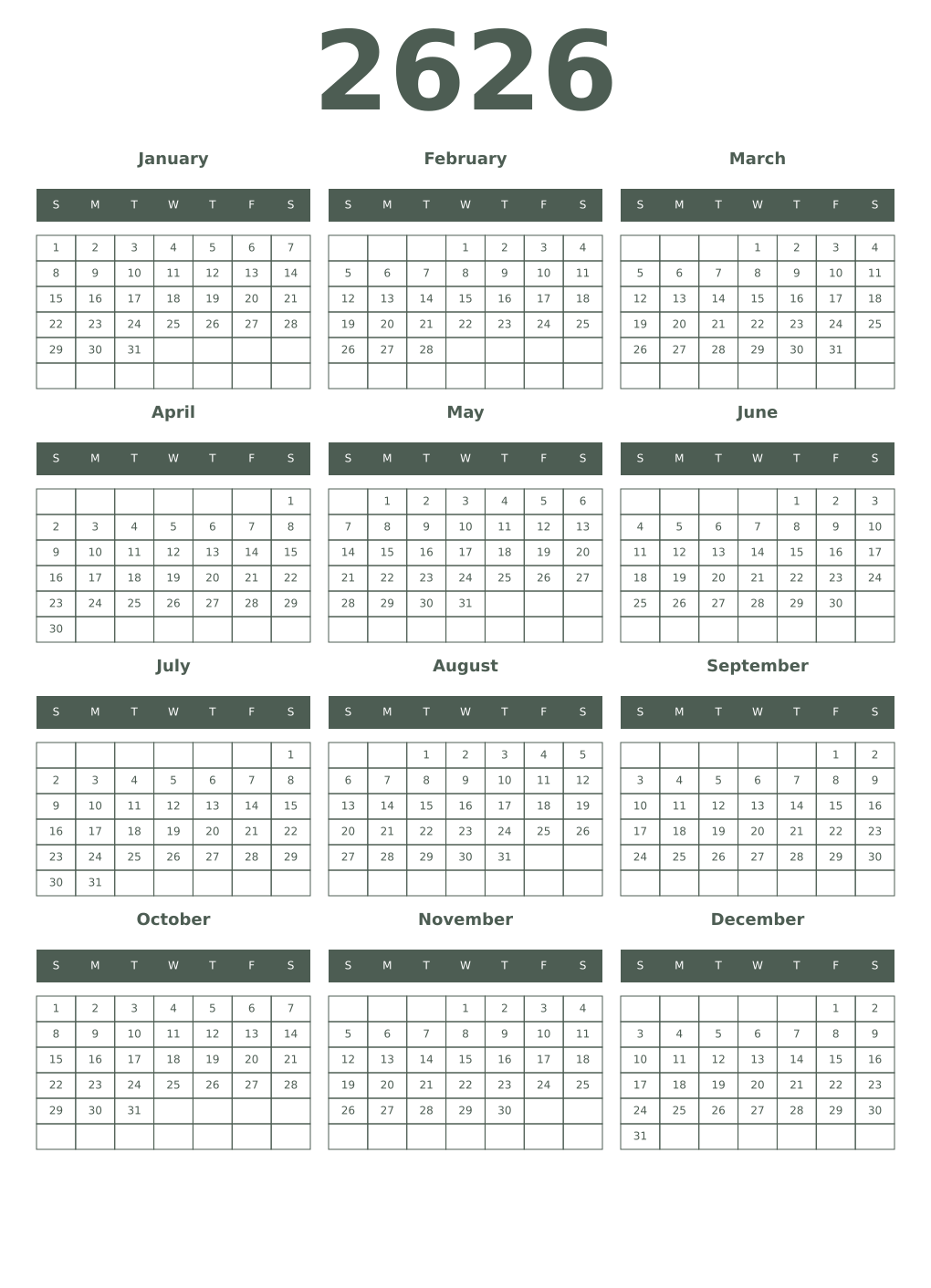 Printable 2626 Year Calendars feldgrau