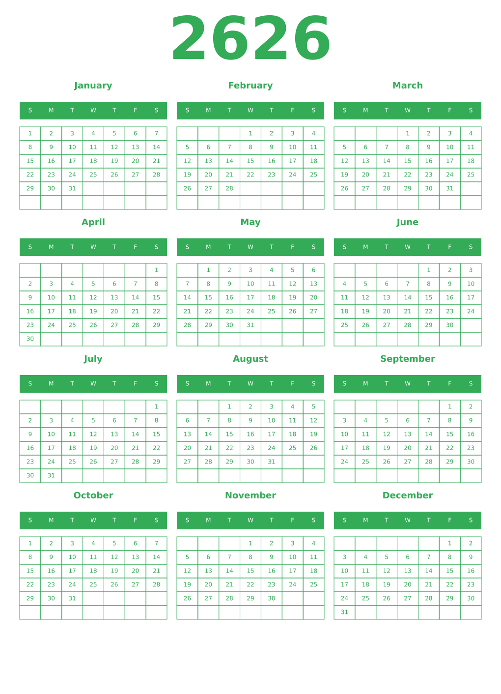 Printable 2626 Year Calendars green