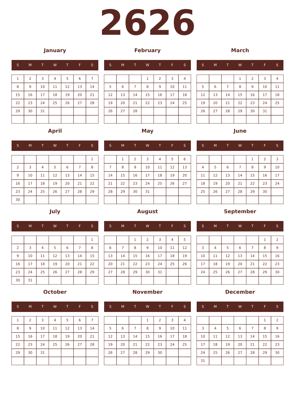 Printable 2626 Year Calendars mortuum
