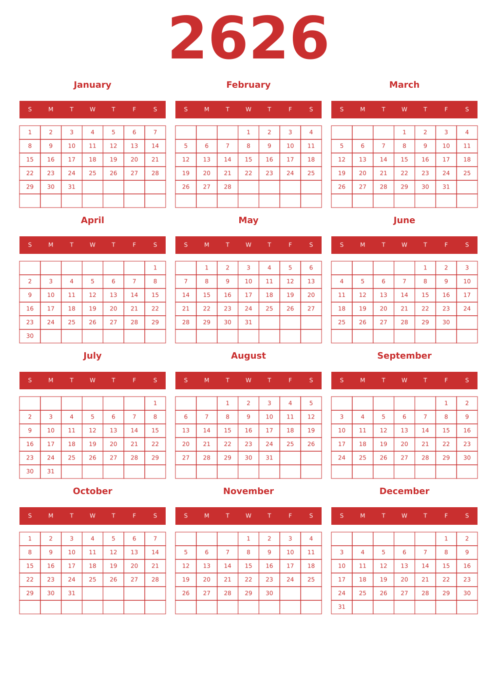 Printable 2626 Year Calendars red