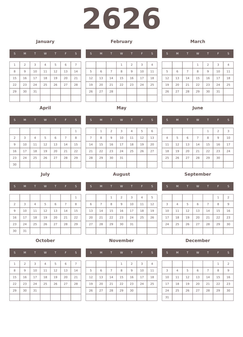 Printable 2626 Year Calendars wenge