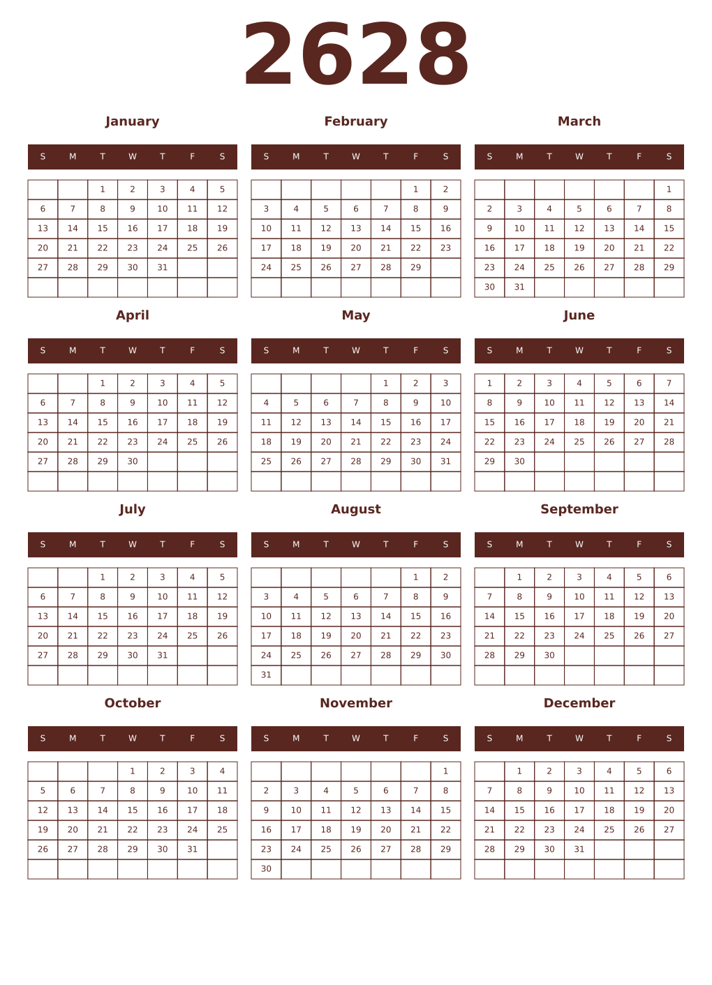 Printable 2628 Year Calendars mortuum