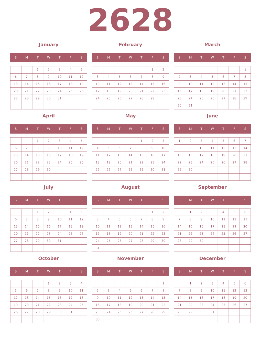 Printable 2628 Year Calendars puce