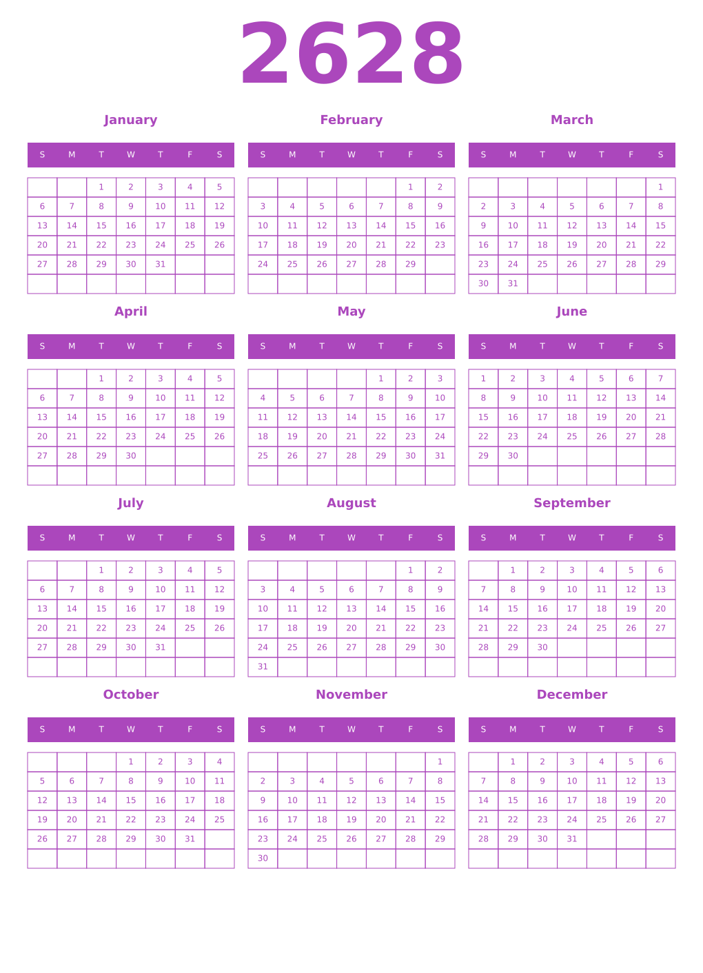 Printable 2628 Year Calendars purple