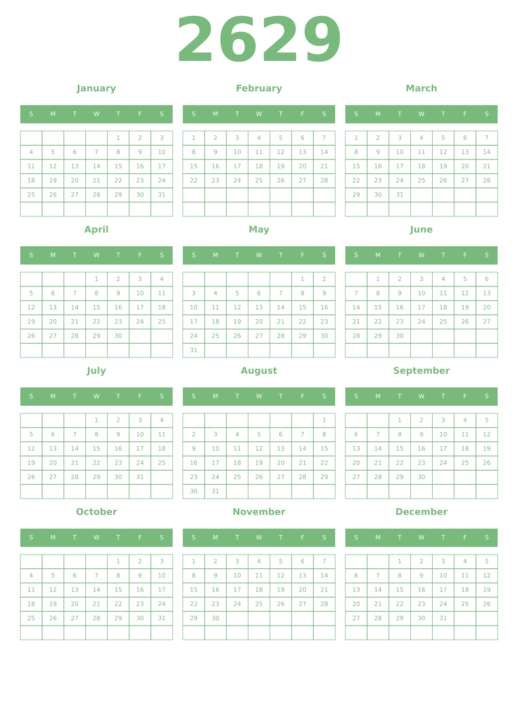 Printable 2629 Year Calendars celadon