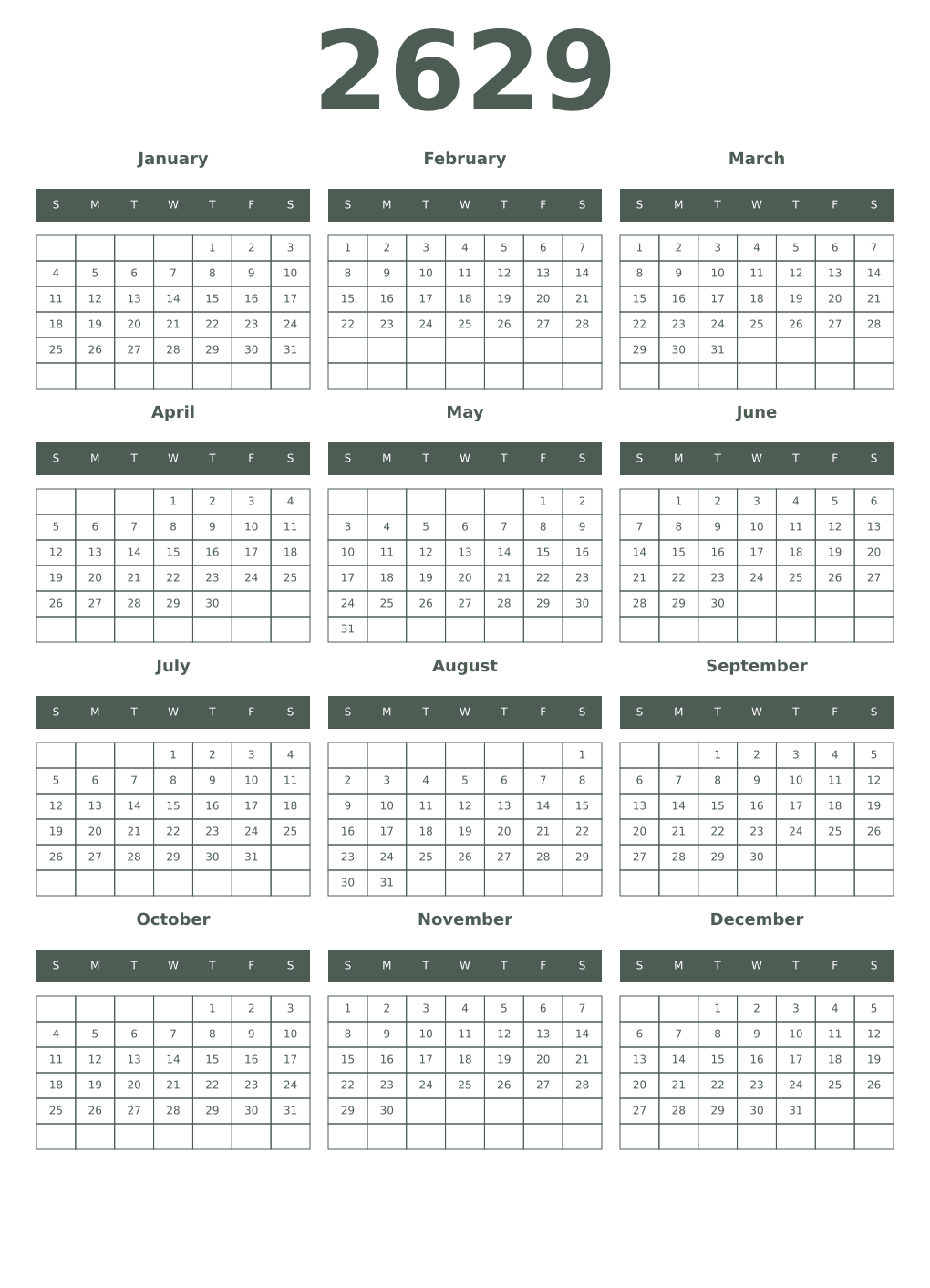 Printable 2629 Year Calendars feldgrau