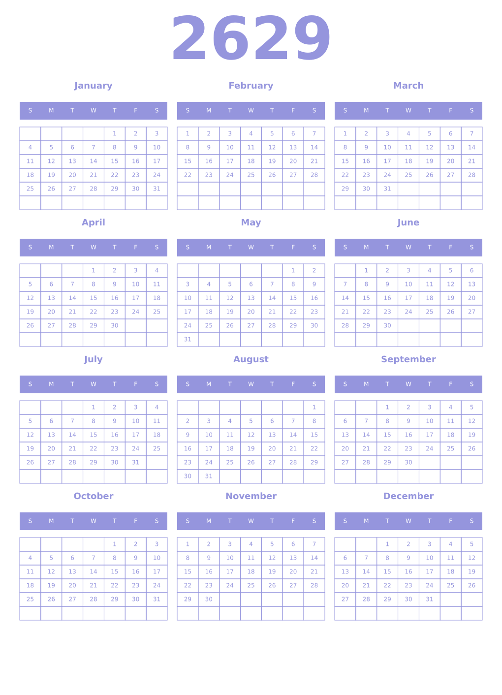 Printable 2629 Year Calendars periwinkle