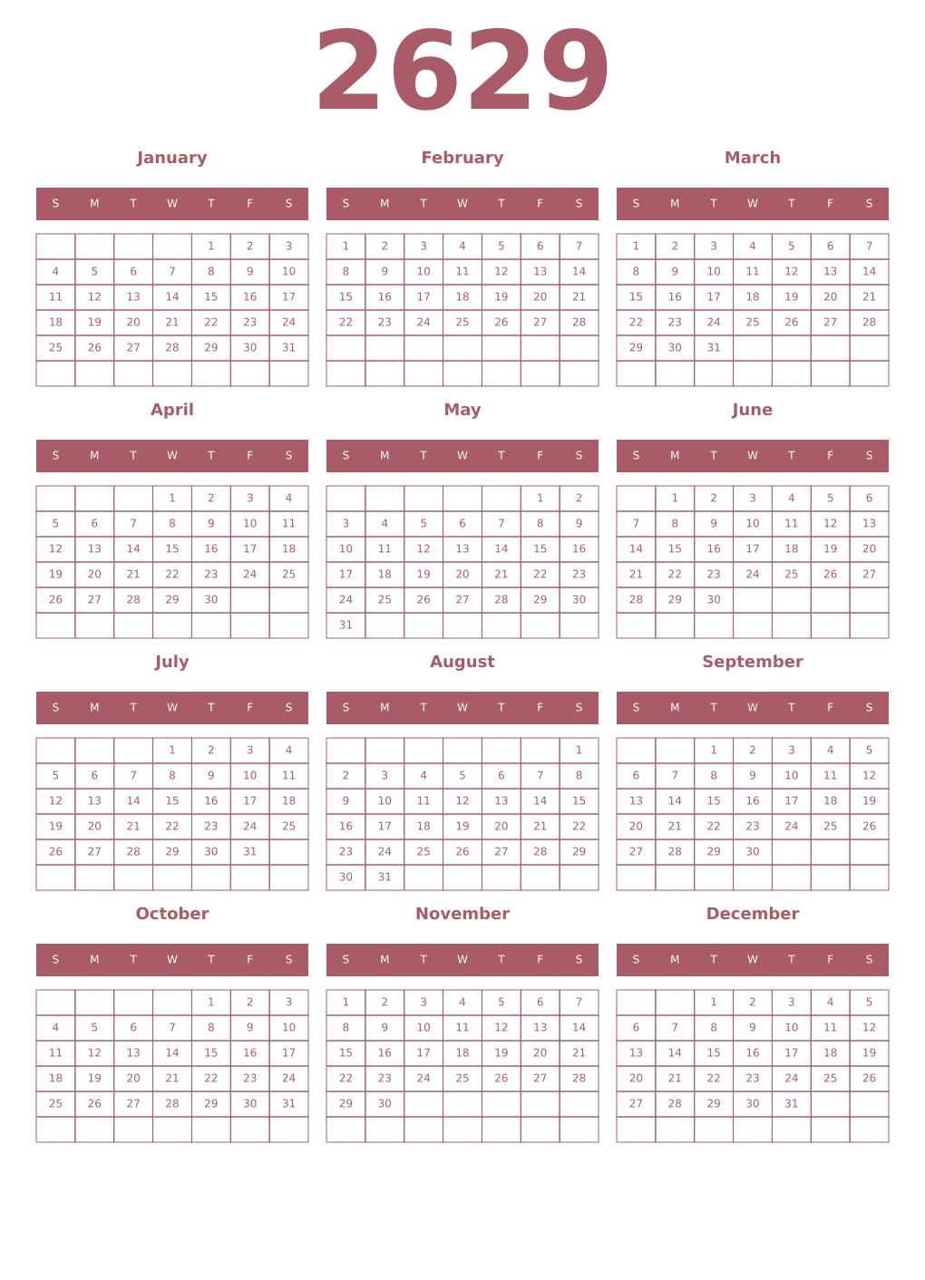 Printable 2629 Year Calendars puce