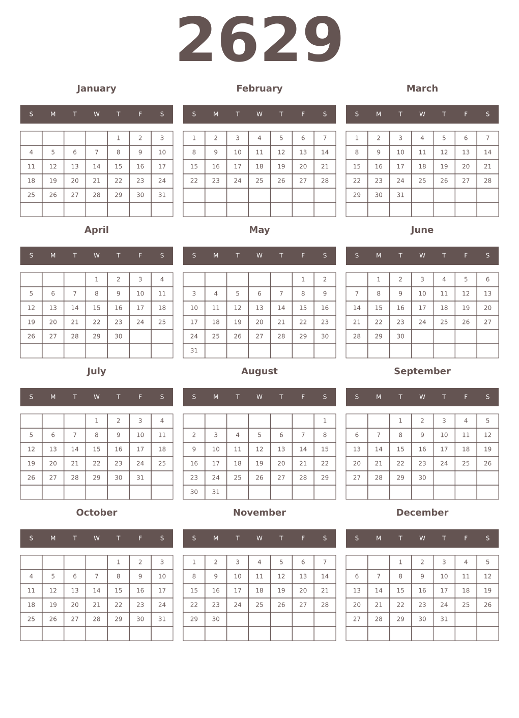 Printable 2629 Year Calendars wenge