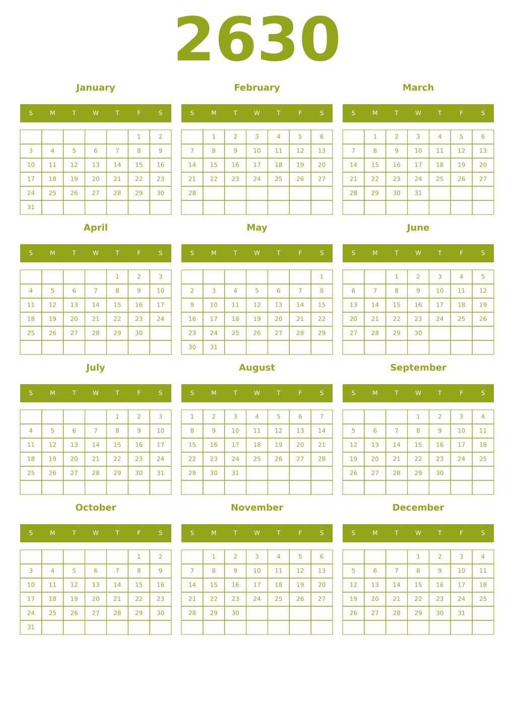 Printable 2630 Year Calendars chartreuse