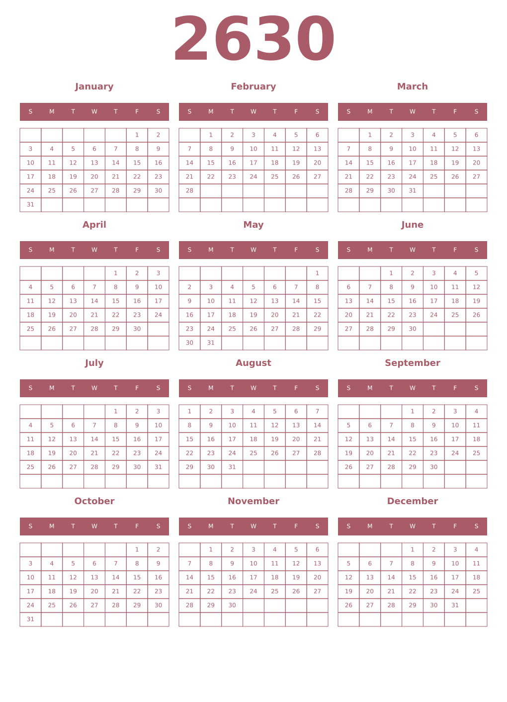 Printable 2630 Year Calendars puce