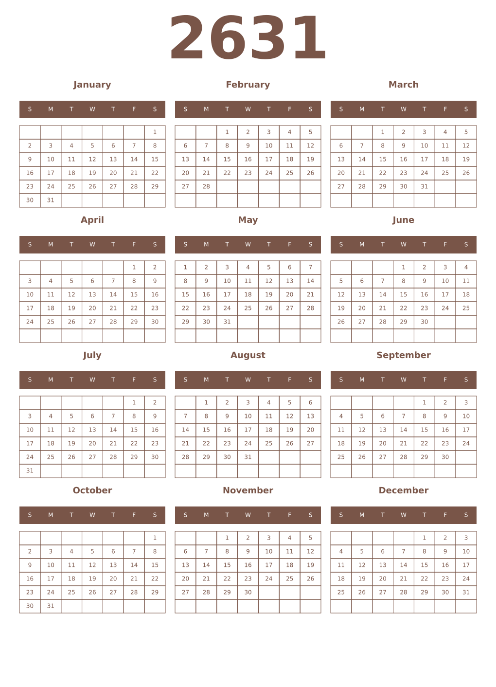 Printable 2631 Year Calendars coffe