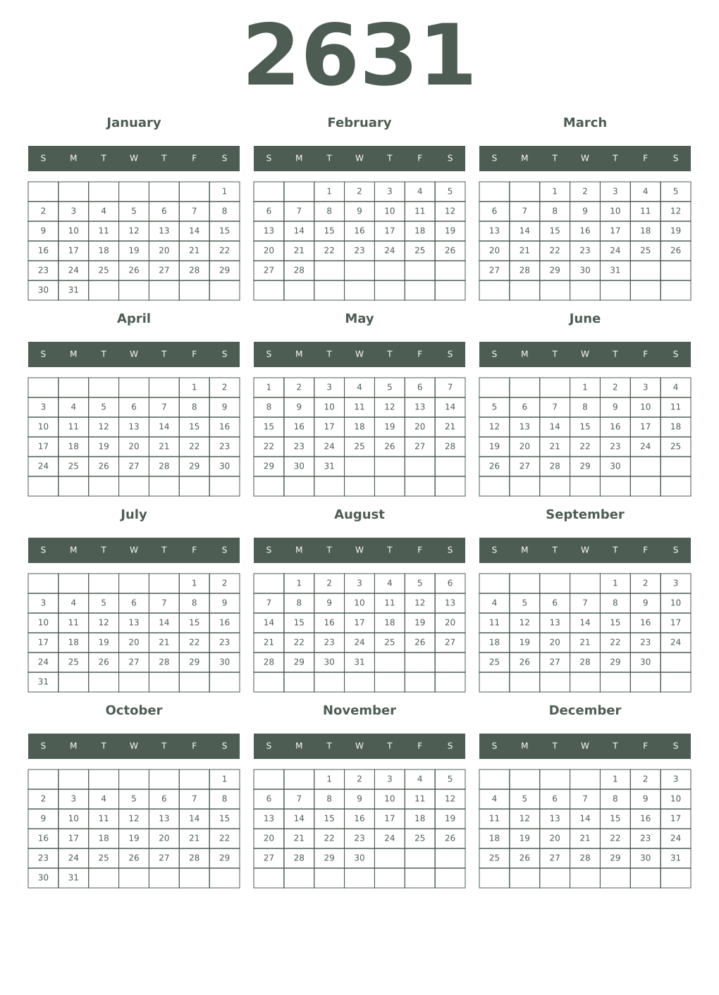 Printable 2631 Year Calendars feldgrau