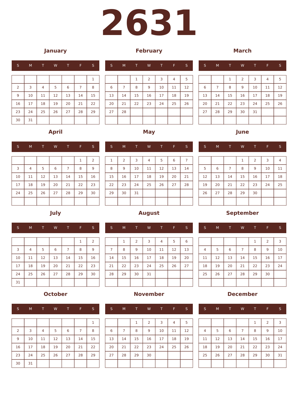 Printable 2631 Year Calendars mortuum
