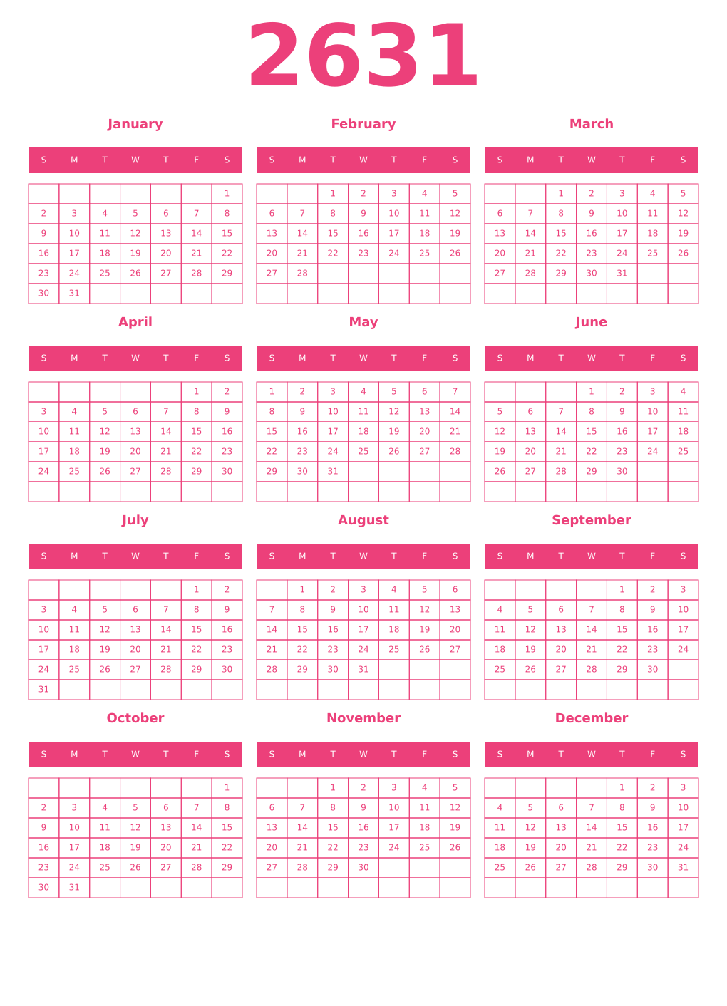 Printable 2631 Year Calendars pink