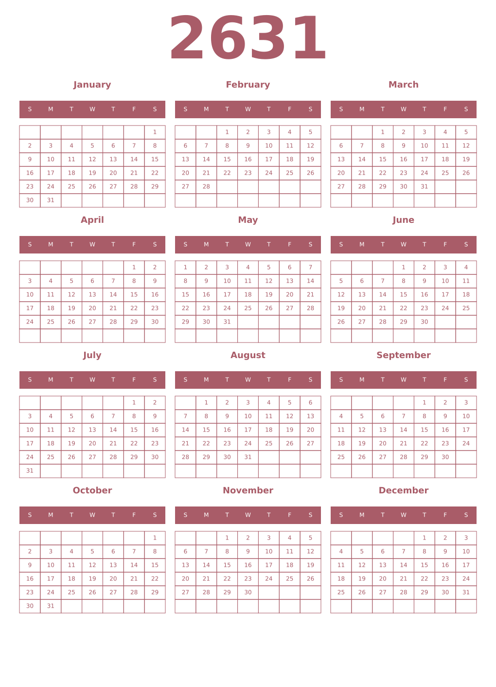 Printable 2631 Year Calendars puce