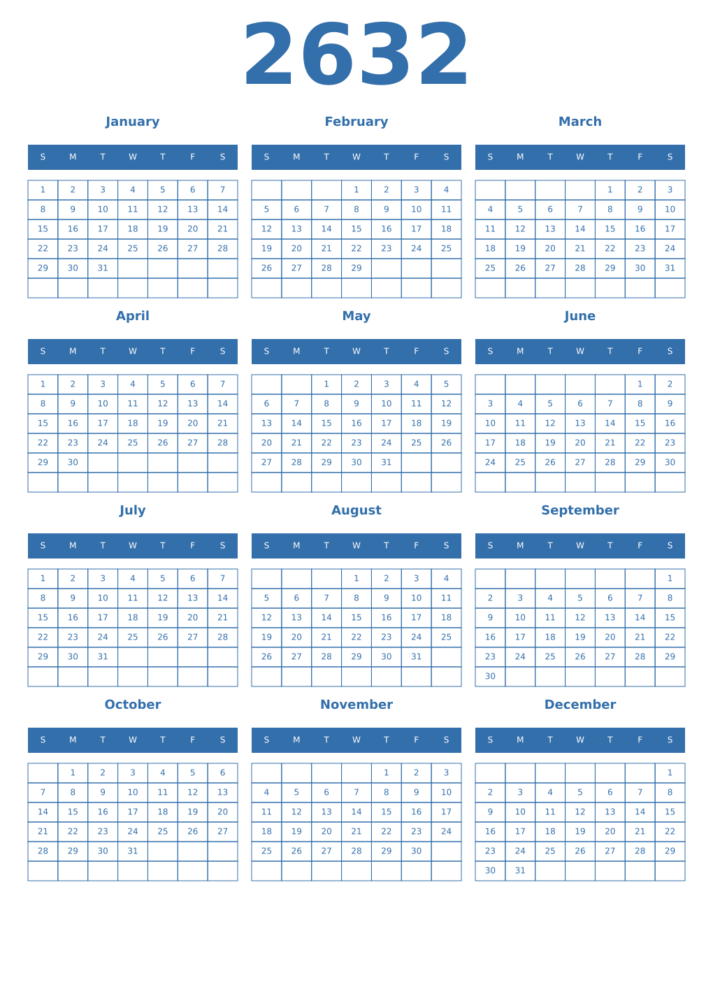 Printable 2632 Year Calendars blue