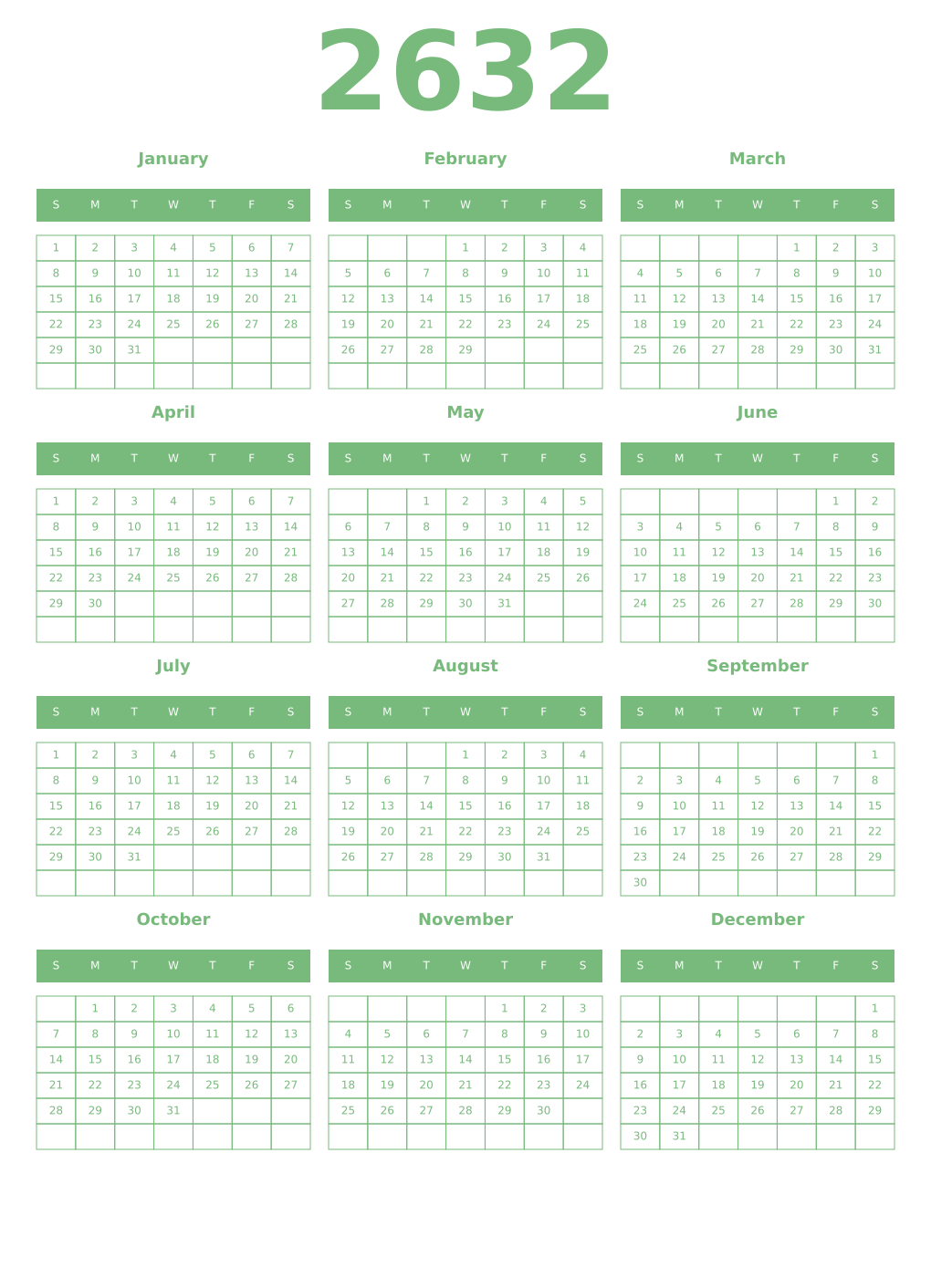 Printable 2632 Year Calendars celadon