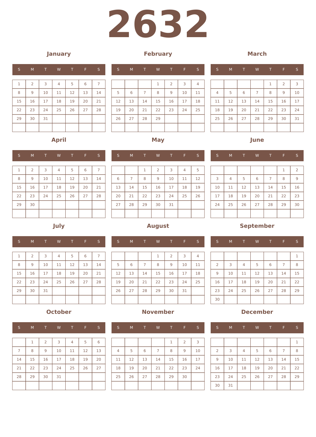 Printable 2632 Year Calendars coffe