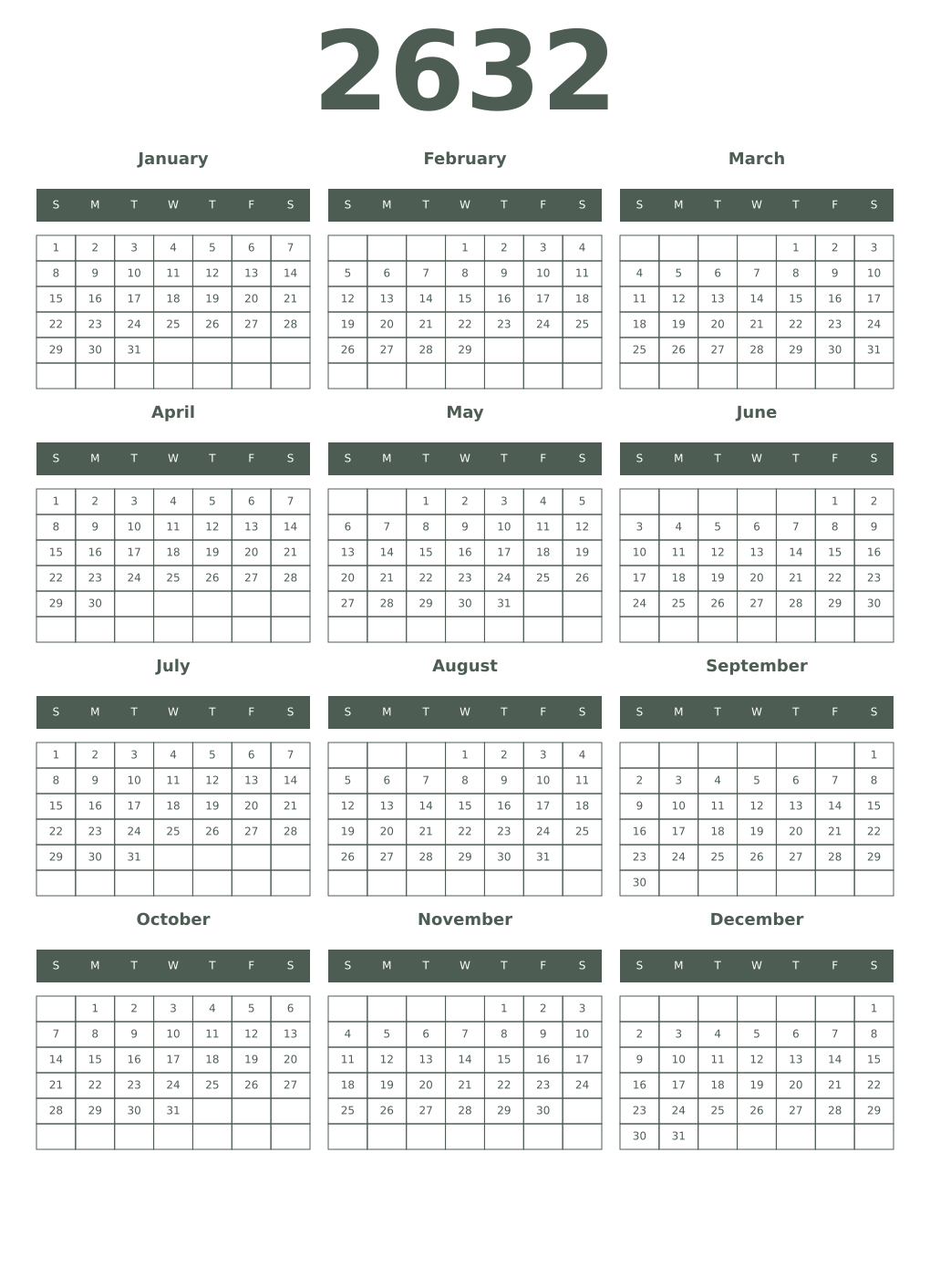 Printable 2632 Year Calendars feldgrau