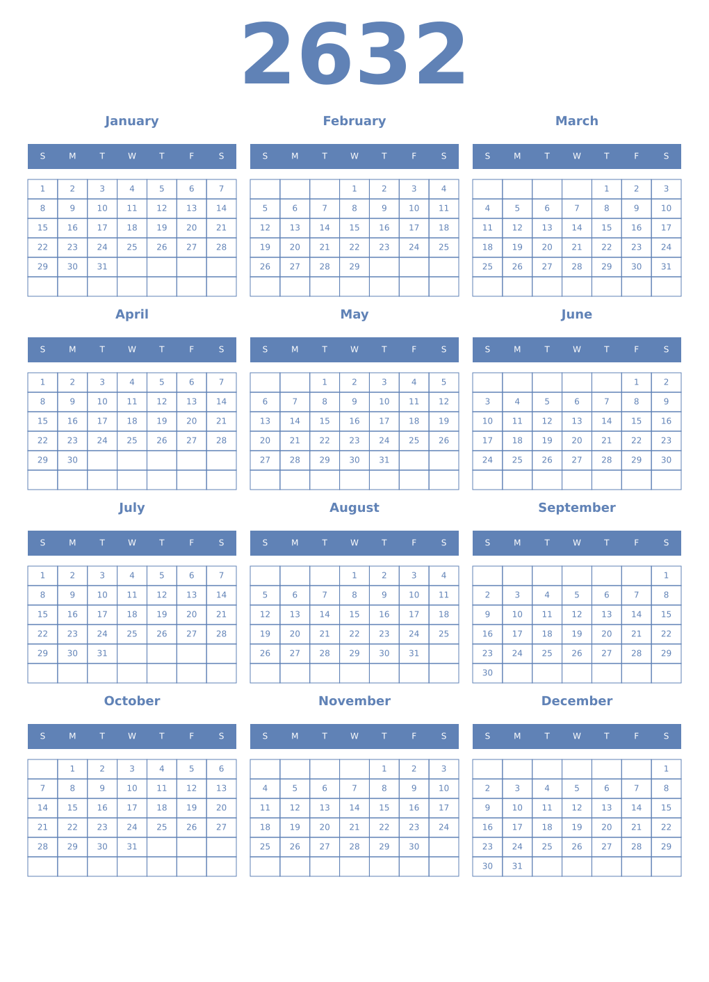 Printable 2632 Year Calendars glaucous
