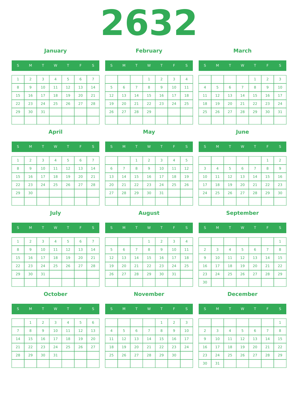 Printable 2632 Year Calendars green