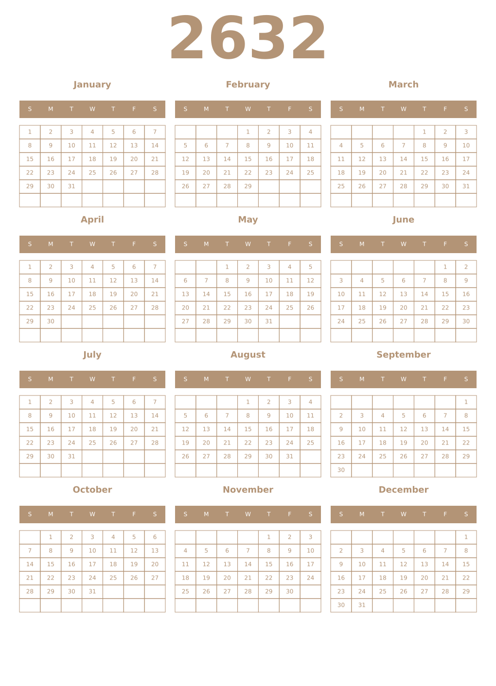 Printable 2632 Year Calendars isabelline