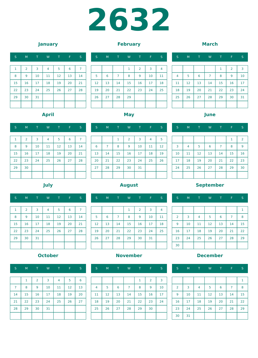 Printable 2632 Year Calendars pastel