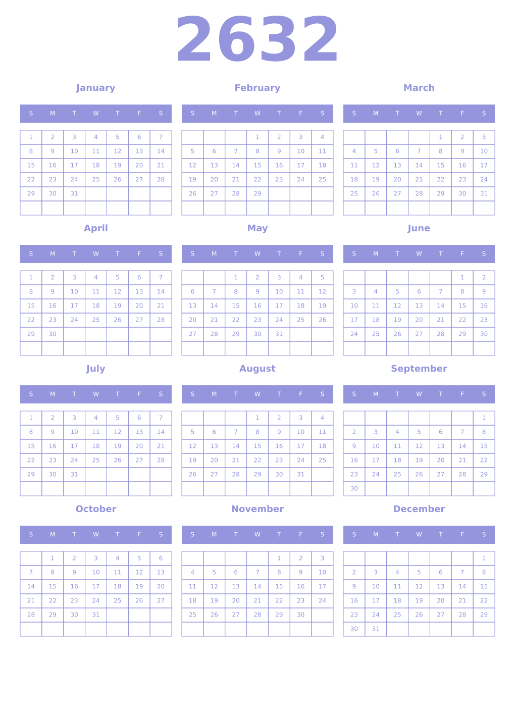 Printable 2632 Year Calendars periwinkle