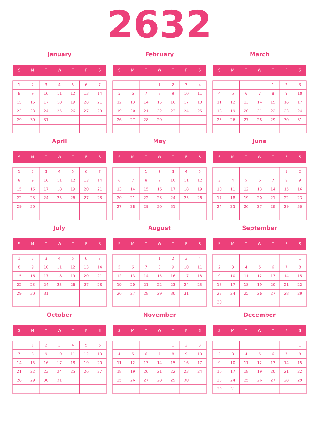 Printable 2632 Year Calendars pink