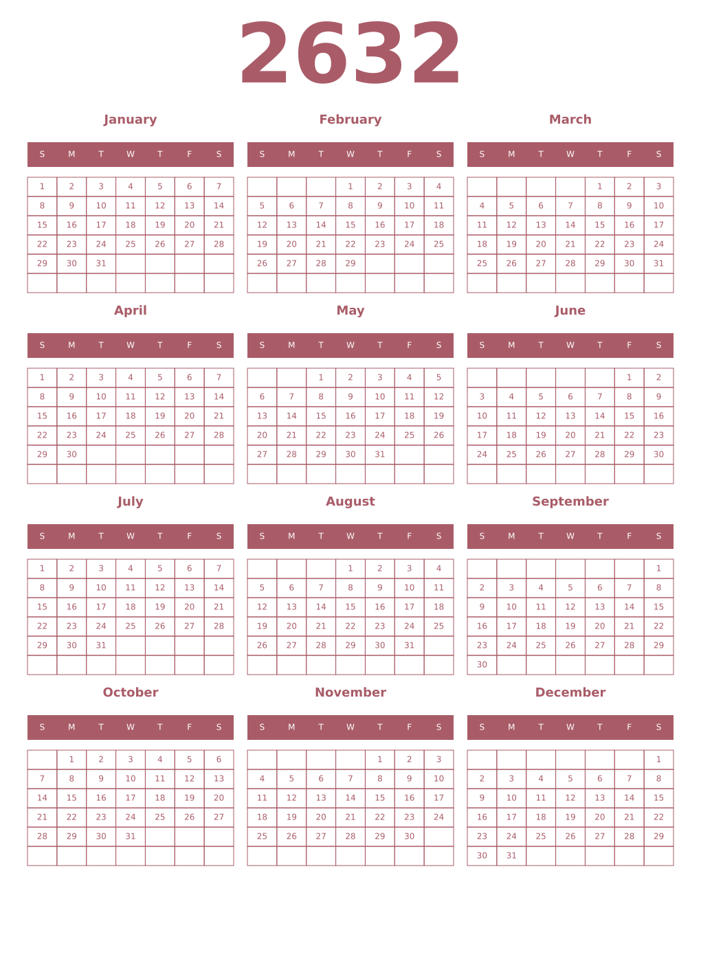 Printable 2632 Year Calendars puce