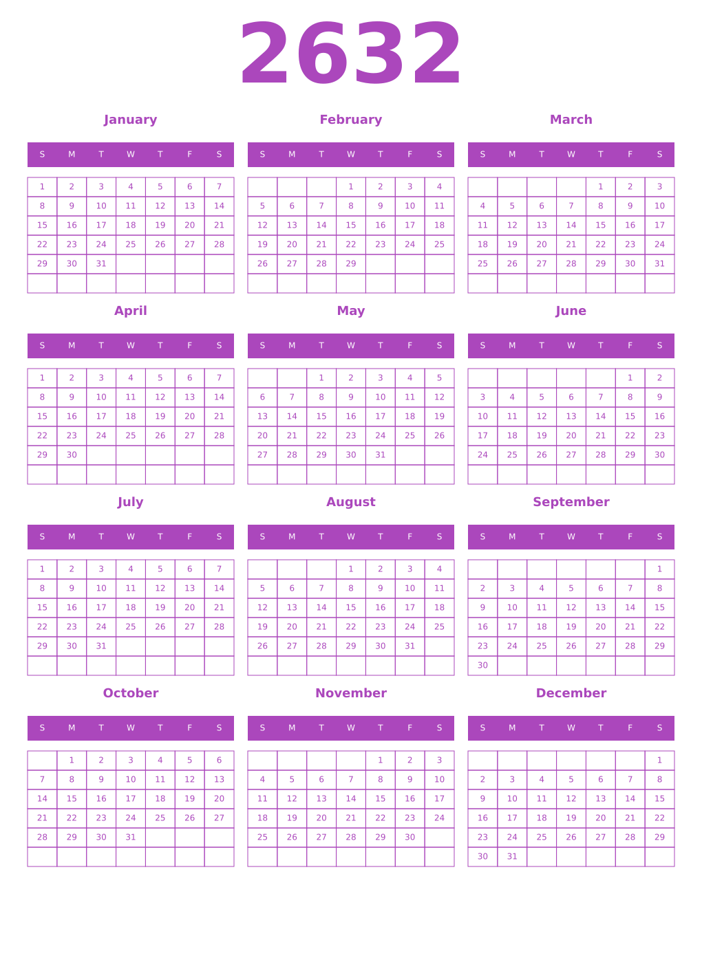 Printable 2632 Year Calendars purple