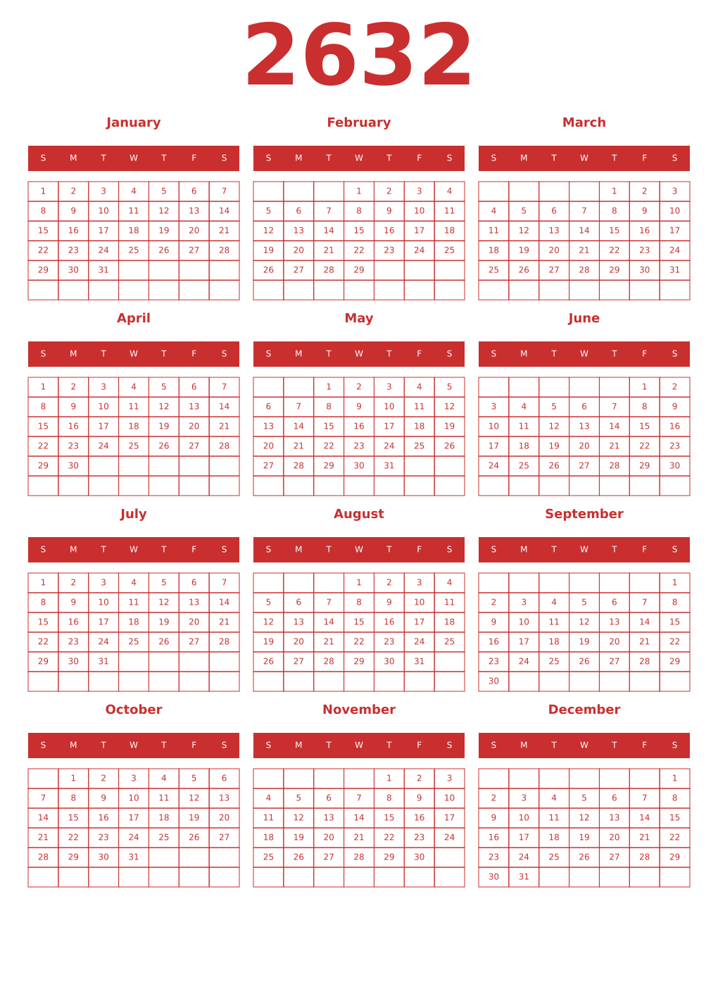 Printable 2632 Year Calendars red