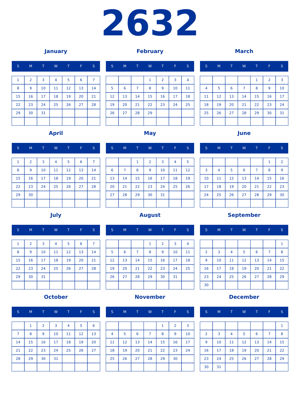 Printable 2632 Year Calendars smalt
