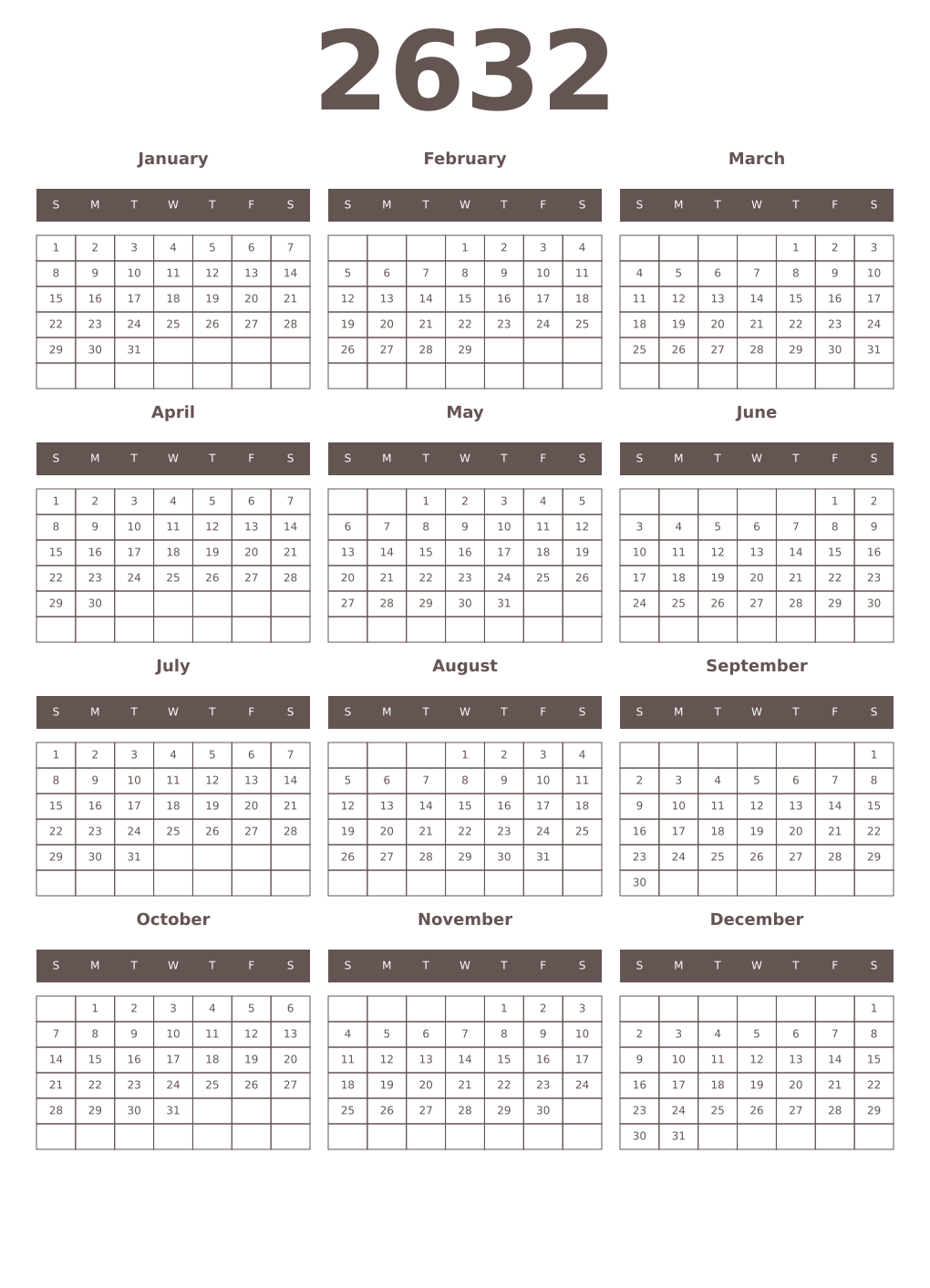 Printable 2632 Year Calendars wenge